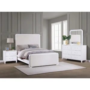 5-Piece Pearl White Bedroom Set with Upholstered Bed & Storage