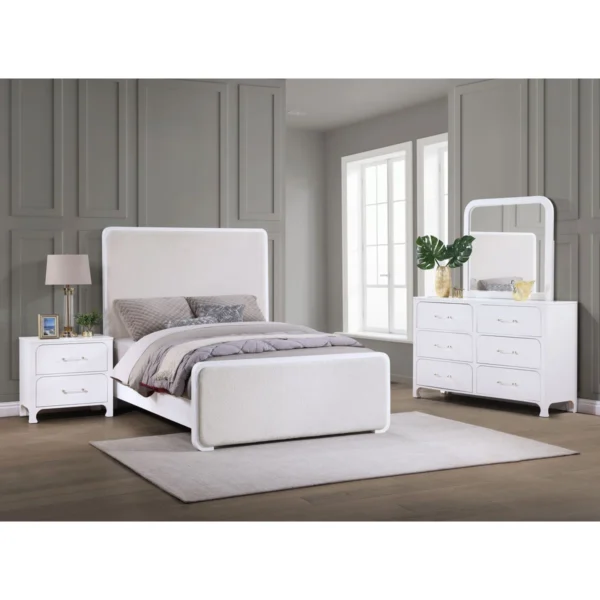 5-Piece Pearl White Bedroom Set with Upholstered Bed & Storage