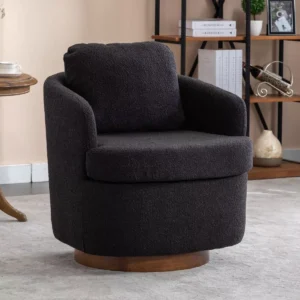 Bouclé swivel accent barrel chair with 360° rotation and wooden round base.