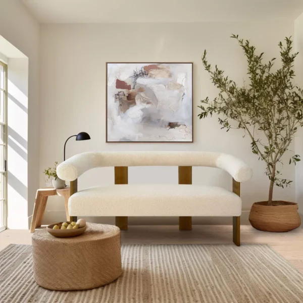 54″ modern curved bouclé loveseat with wooden legs, compact 2-seater sofa for apartments and small spaces.