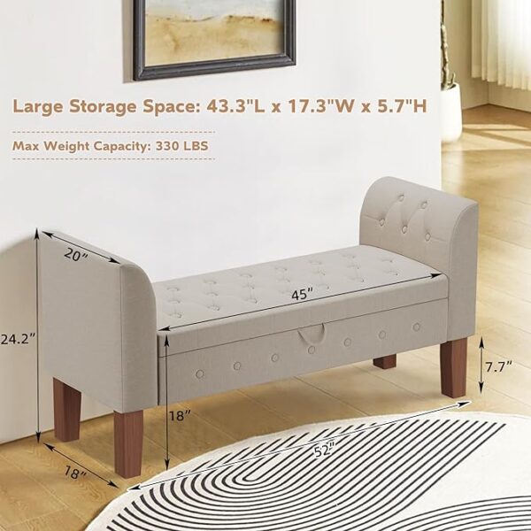 Awonde Upholstered Storage Bench with Arms – Linen Ottoman Seat - Image 2