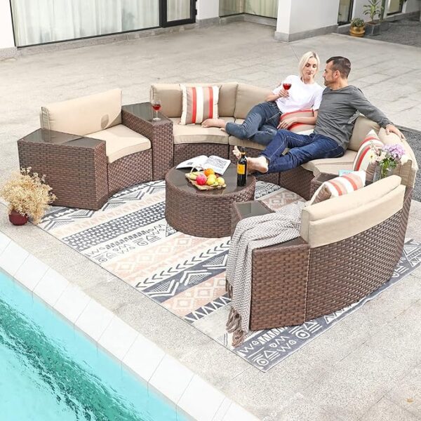 SUNSITT 11-Pc Half Moon Outdoor Sectional Set – Wicker & Beige - Image 3