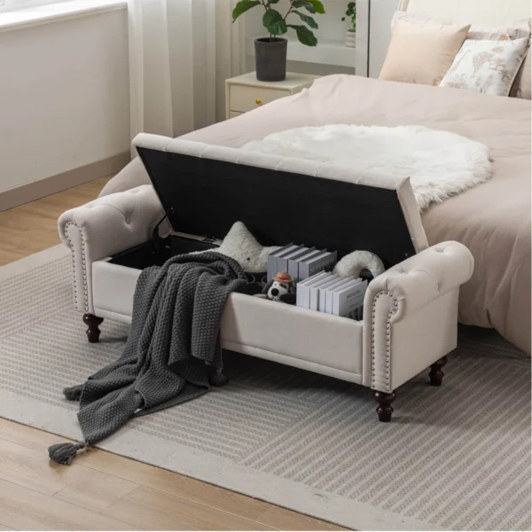 Velvet & Linen Upholstered Storage Bench with Compartments - Image 3