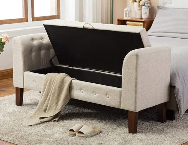 Awonde Upholstered Storage Bench with Arms – Linen Ottoman Seat - Image 3