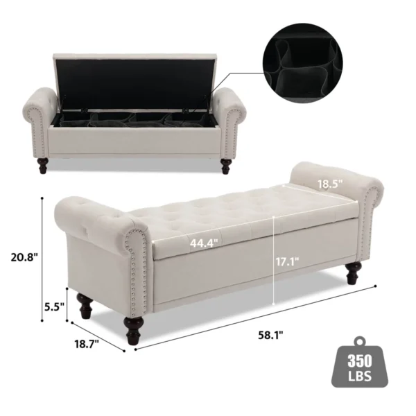 Velvet & Linen Upholstered Storage Bench with Compartments - Image 4