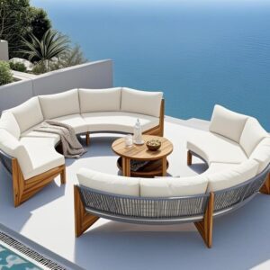 Quarte outdoor acacia wood half-moon sofa set with beige cushions and coffee table, seats 6.