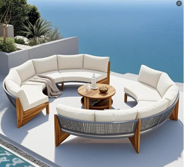 Quarte outdoor acacia wood half-moon sofa set with beige cushions and coffee table, seats 6.