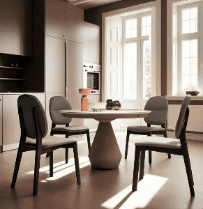 Lycos round extendable dining table with marble-glass top and sculptural modern base.