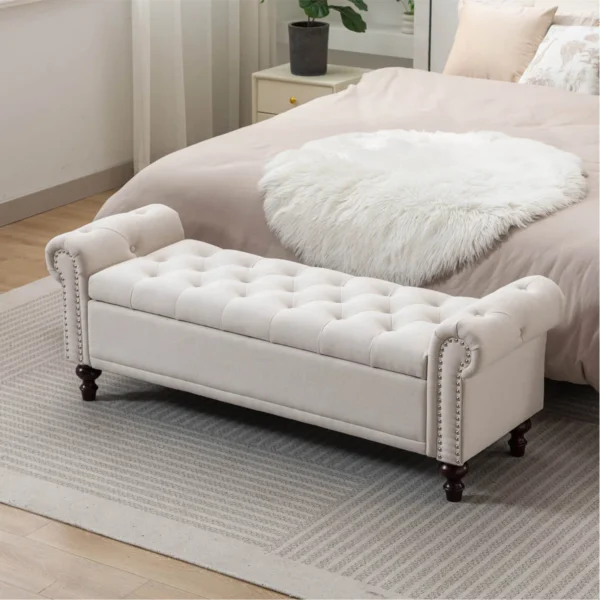 Velvet & Linen Upholstered Storage Bench with Compartments - Image 7