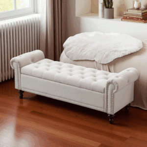 Velvet & Linen Upholstered Storage Bench with Compartments