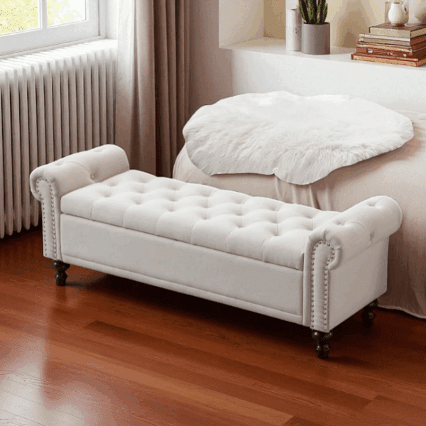 Velvet & Linen Upholstered Storage Bench with Compartments