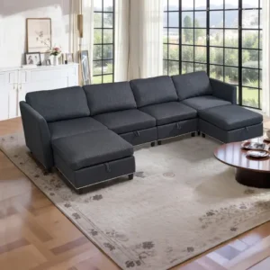 6-seat U-shaped convertible sectional sofa in dark grey with reversible chaise and hidden storage.