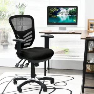 3-paddle ergonomic mesh task chair with adjustable seat and breathable backrest in black finish.