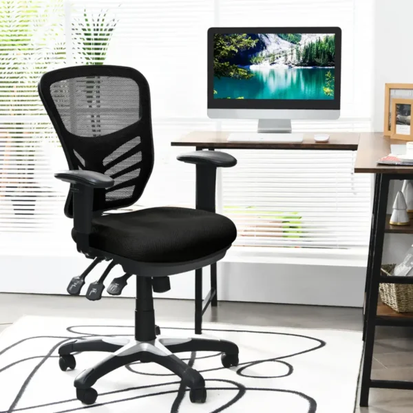 3-paddle ergonomic mesh task chair with adjustable seat and breathable backrest in black finish.
