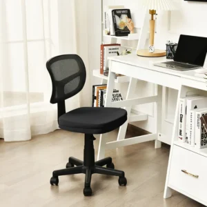 Compact black armless mesh swivel chair with breathable back and adjustable seat height for home or office.