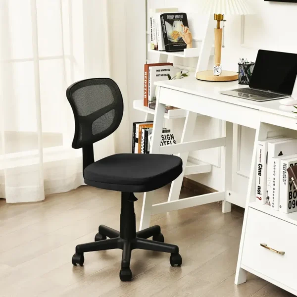 Compact black armless mesh swivel chair with breathable back and adjustable seat height for home or office.