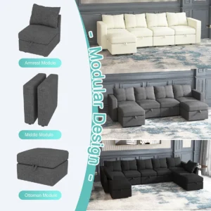 Livelylodge 6-piece modular sectional sofa with storage ottoman, 109″ couch in beige, black, or gray.
