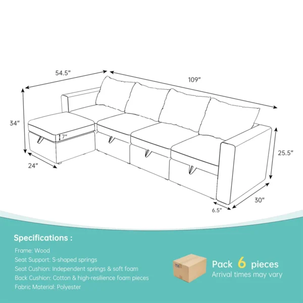 6-Piece Modular Sectional Sofa w/ Storage Ottoman – 109″ Couch - Image 3