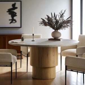 Mariana 60″ mid-century round dining table with white marble top and solid oak wood base.