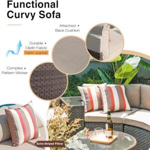 SUNSITT 11-piece half moon outdoor sectional set with wicker sofas, beige cushions, and side tables.