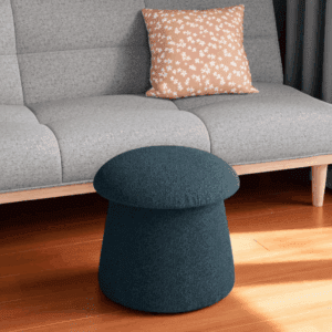 Bouclé mushroom storage ottoman with lift-top lid and hidden compartment.