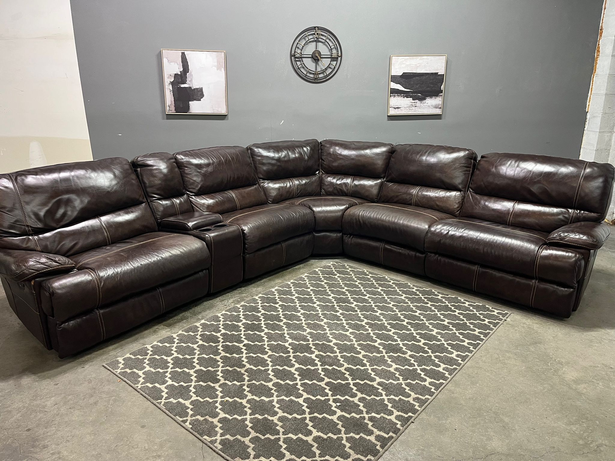 Dark Brown Reclining Leather Sectional with Cupholders & Storage - Image 4