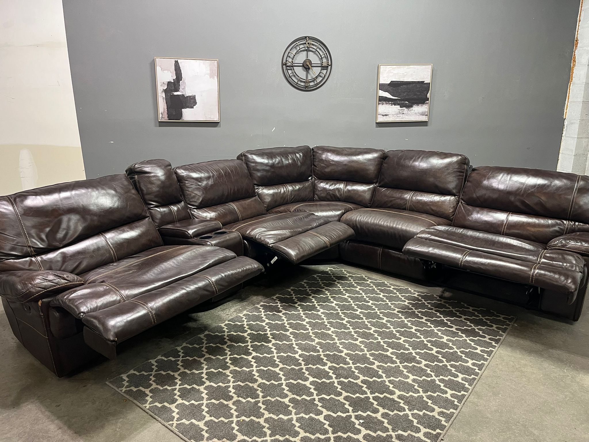 Dark Brown Reclining Leather Sectional with Cupholders & Storage