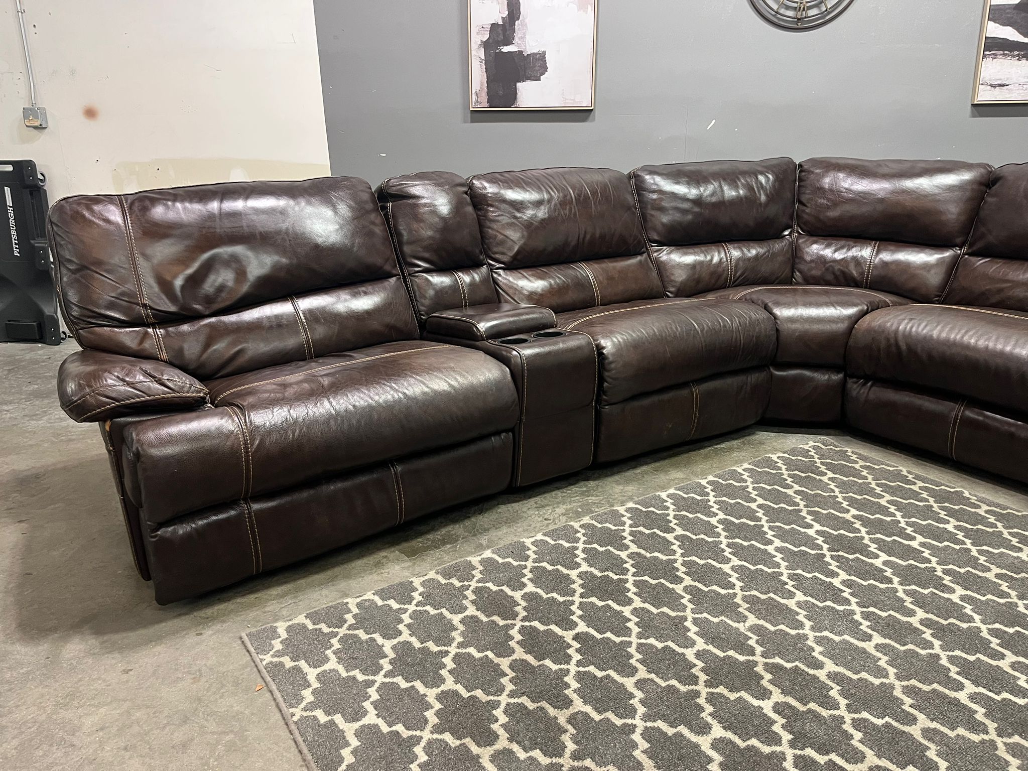 Dark Brown Reclining Leather Sectional with Cupholders & Storage - Image 3