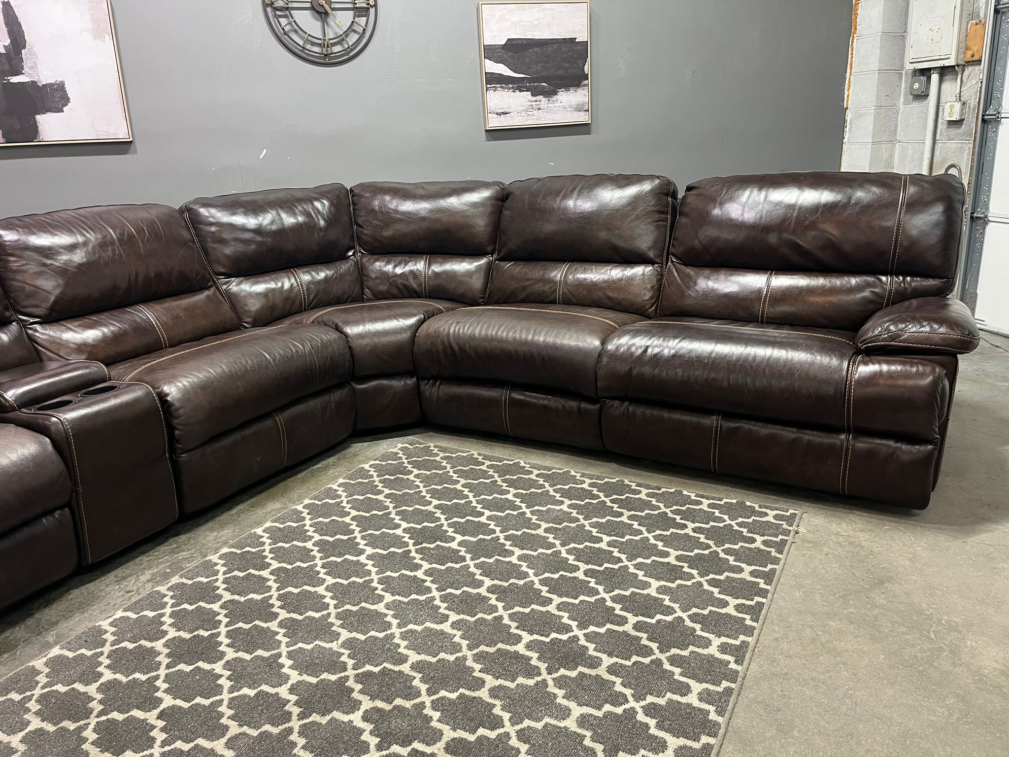 Dark Brown Reclining Leather Sectional with Cupholders & Storage - Image 2